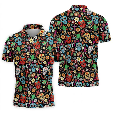 Skull With Flowers Cinco De Mayo Celebration Fiesta Themed Golf Tops For Men, Golf Shirts For Men