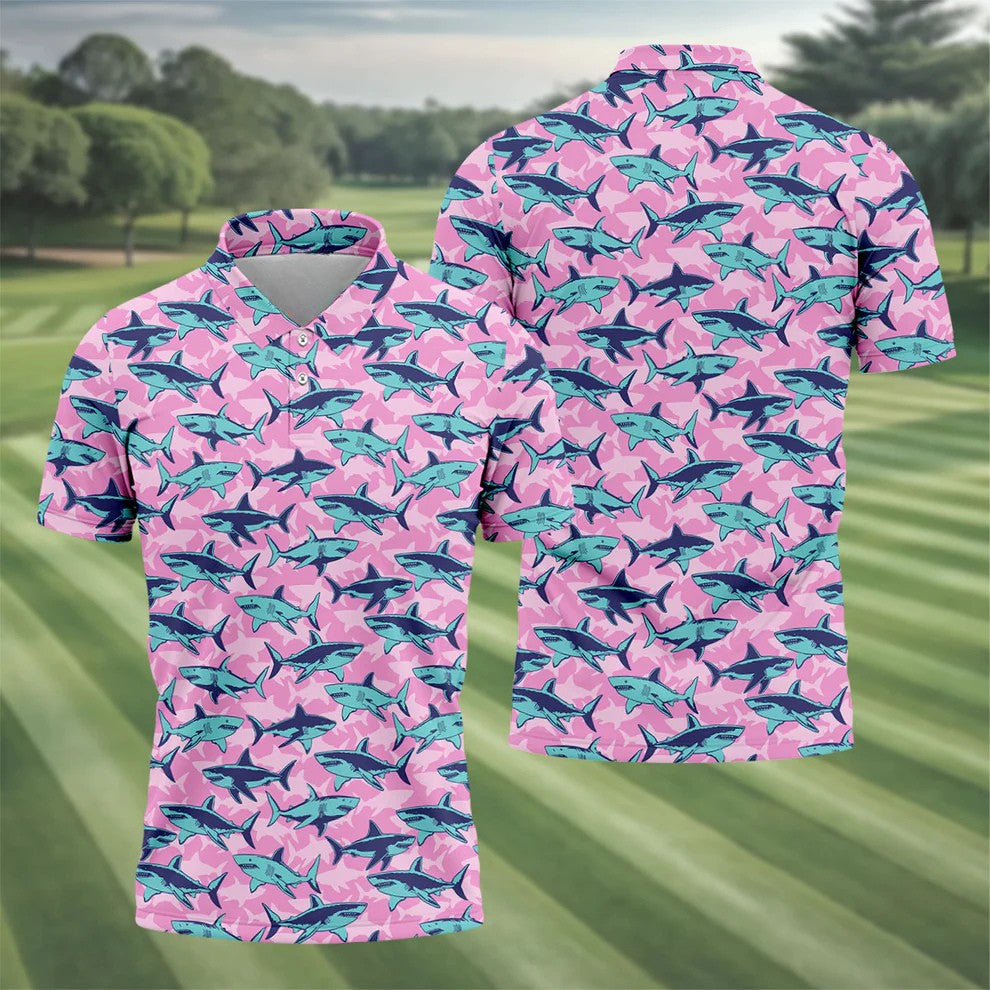 Shark Pattern Hawaiian Golf Shirt, Pink Golf Shirt, Polo Shirts For Men, Golfing Apparel