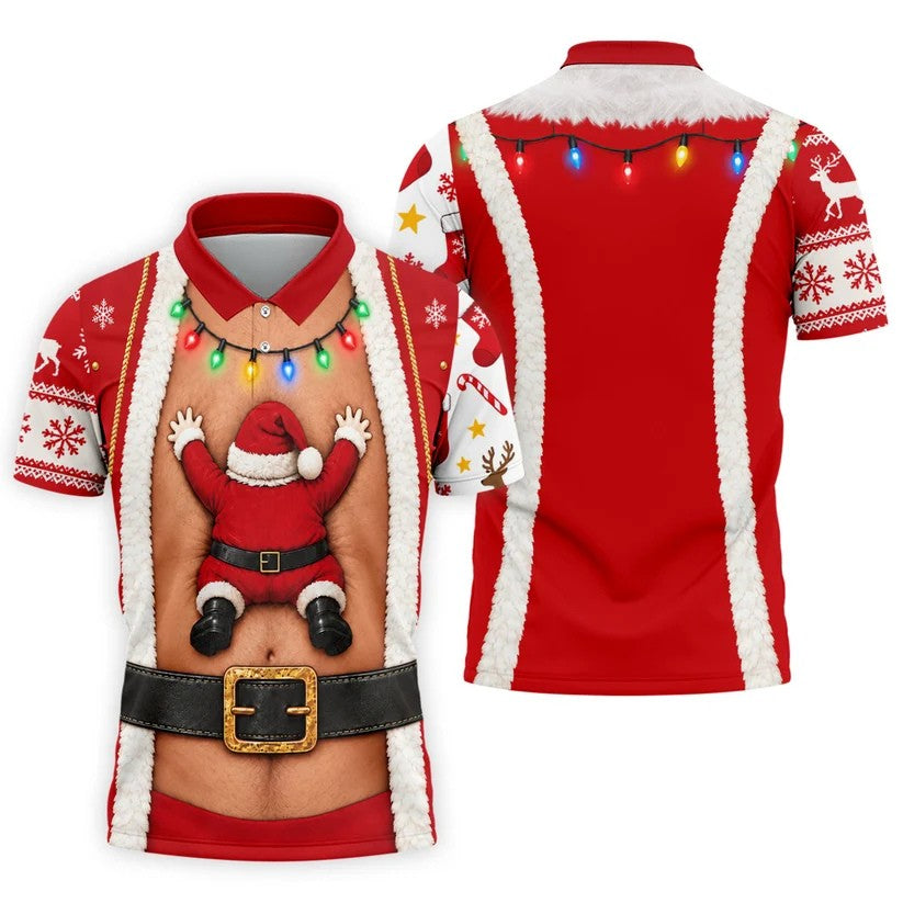 Santa Stuck In Belly Christmas Golf Shirt, Mens Golf Shirts, Golf Apparel For Men