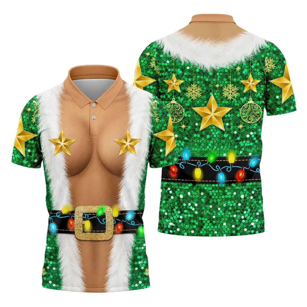Green Santa Gold Stars Christmas Golf Polo Shirt, Mens Golf Shirts, Mens Polo Shirts