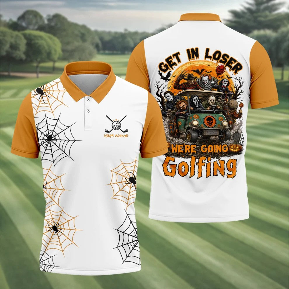 Custom Get In Loser We're Going Golfing Halloween Horror Character Golf Shirt, Golf Shirts For Men