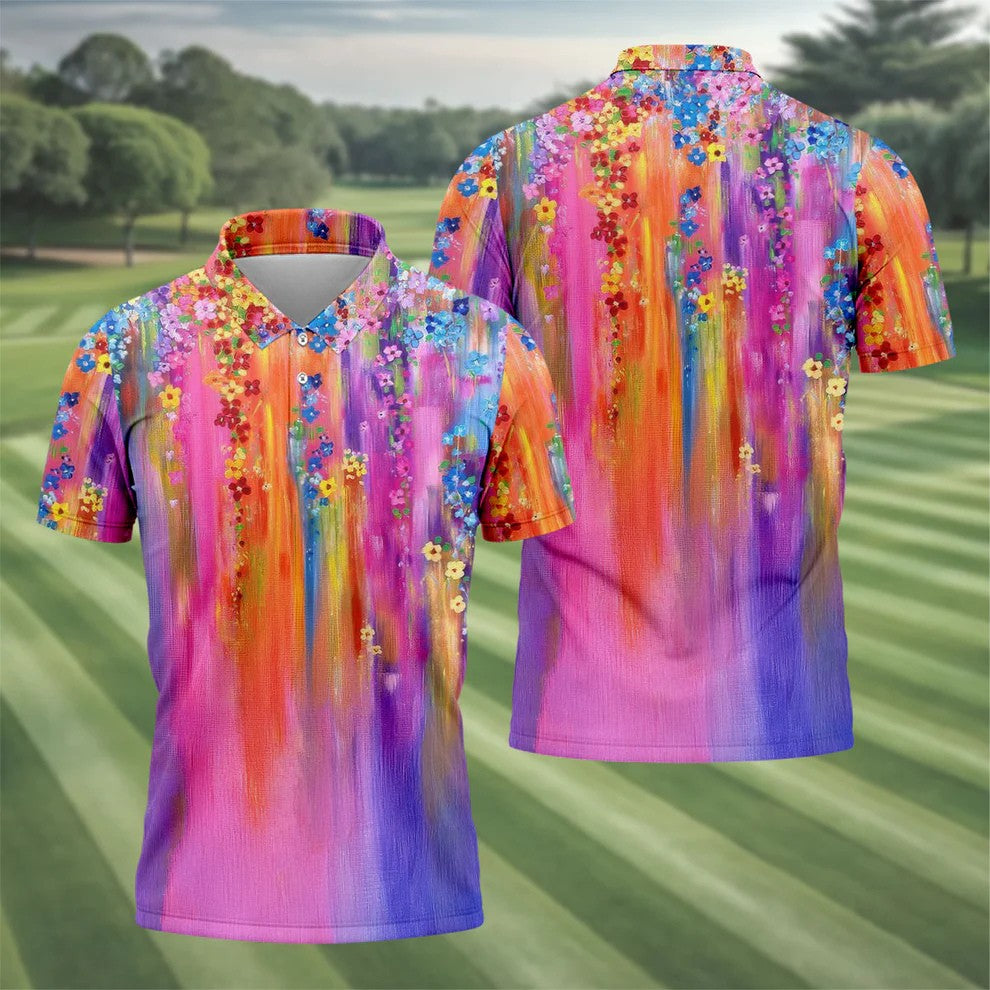 Colorful Abstract Floral Painting Golf Polo, Golf Tops For Men, Golfing Apparel