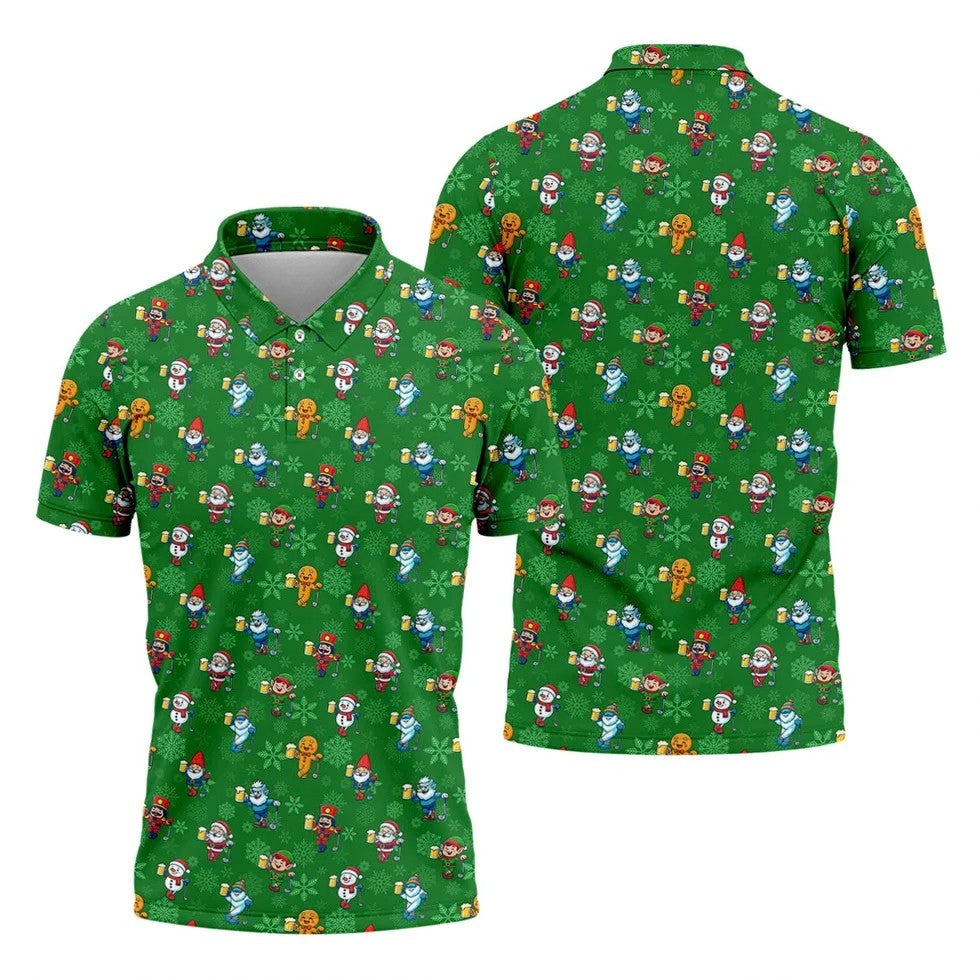 Christmas Characters Golf And Beer Green Men's Funny Golf Shirts, Christmas Golf Shirt, Polo Shirts For Men