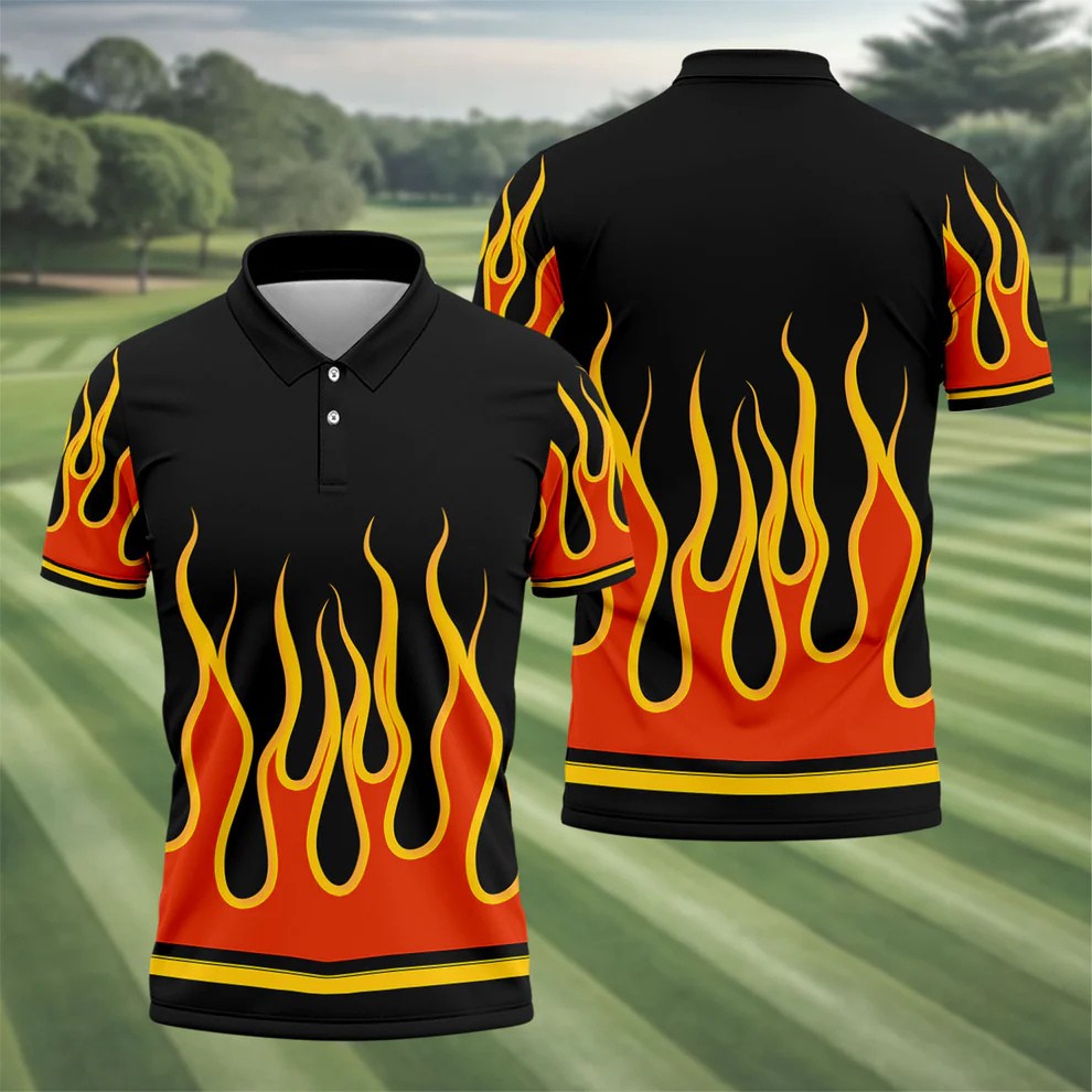 Black Orange Yellow Flame Sleeve Golf Shirt, Mens Golf Polo, Printed Golf Shirts