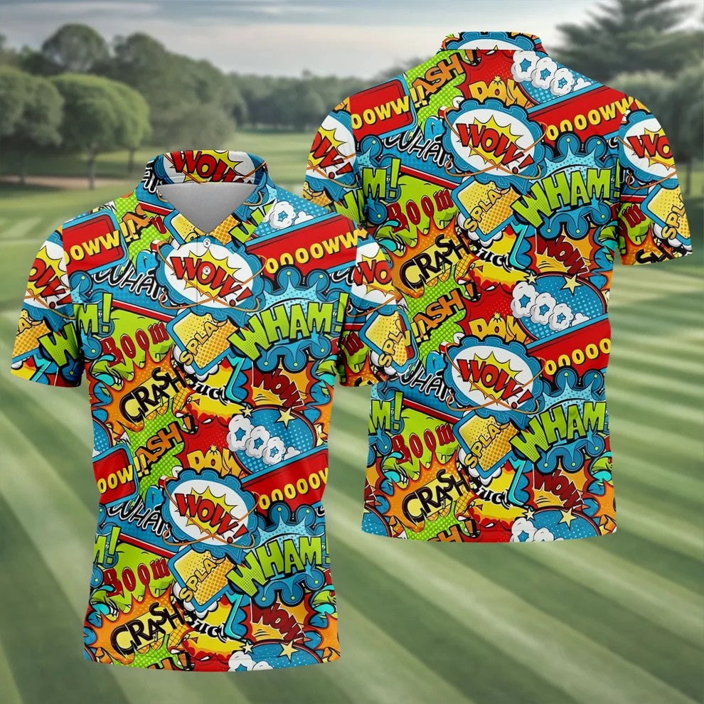 Funny Comic Pop Art Hawaiian Golf Shirt, Mens Golf Shirts, Golf Apparel For Men