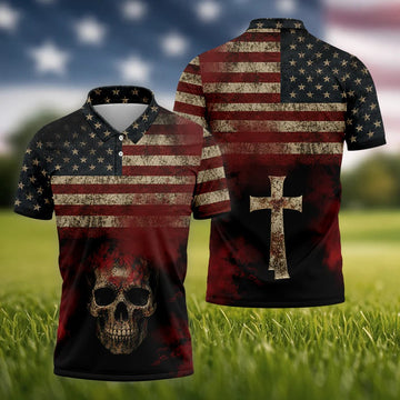 Cool Skull Faith Cross Distressed US Flag 4th Of July Golf Shirt, 250 Years Polo Shirts For Men