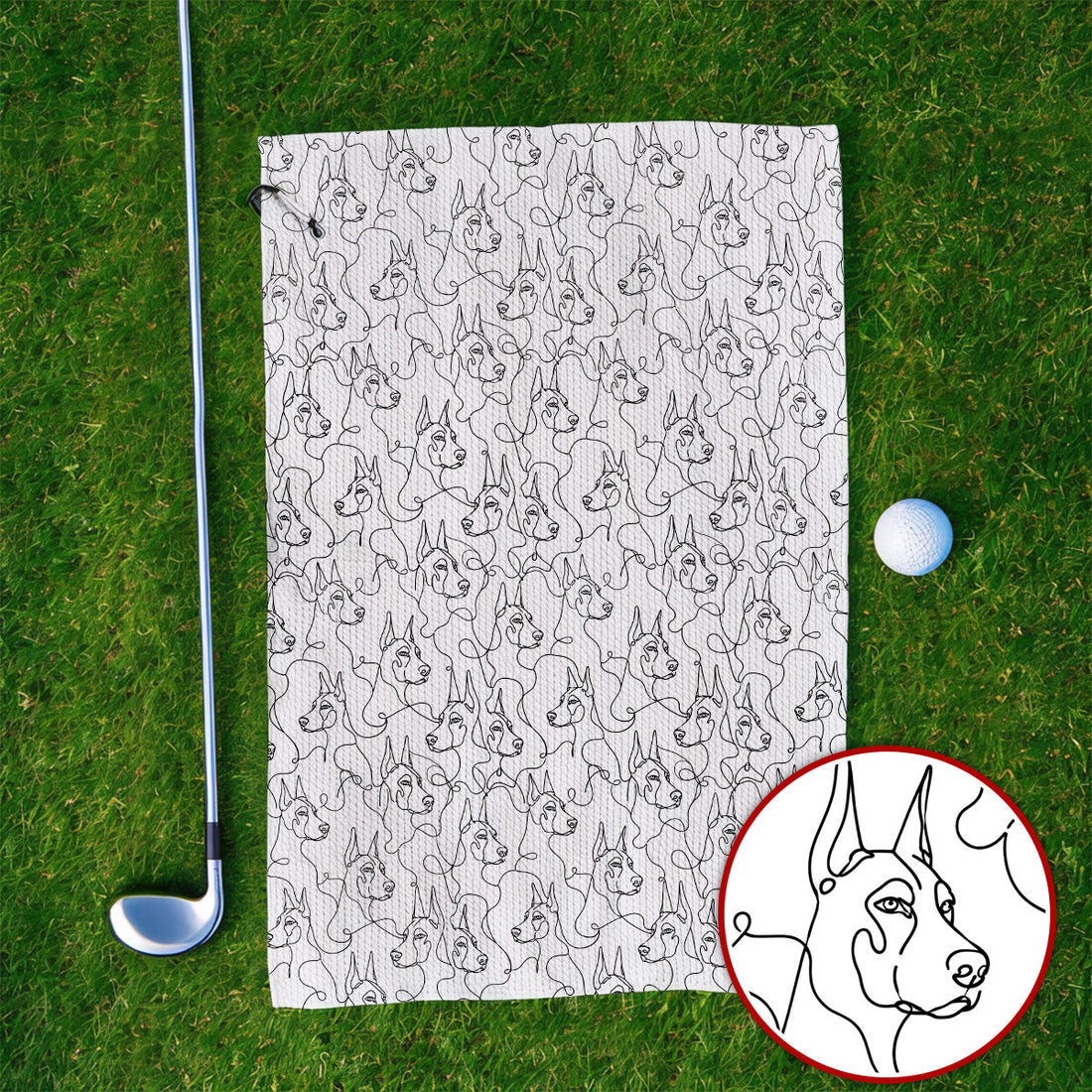 Doberman Line Art Golf Towel, Minimalist Doberman Pattern Golf Towles, Dog Lover Golf Gift