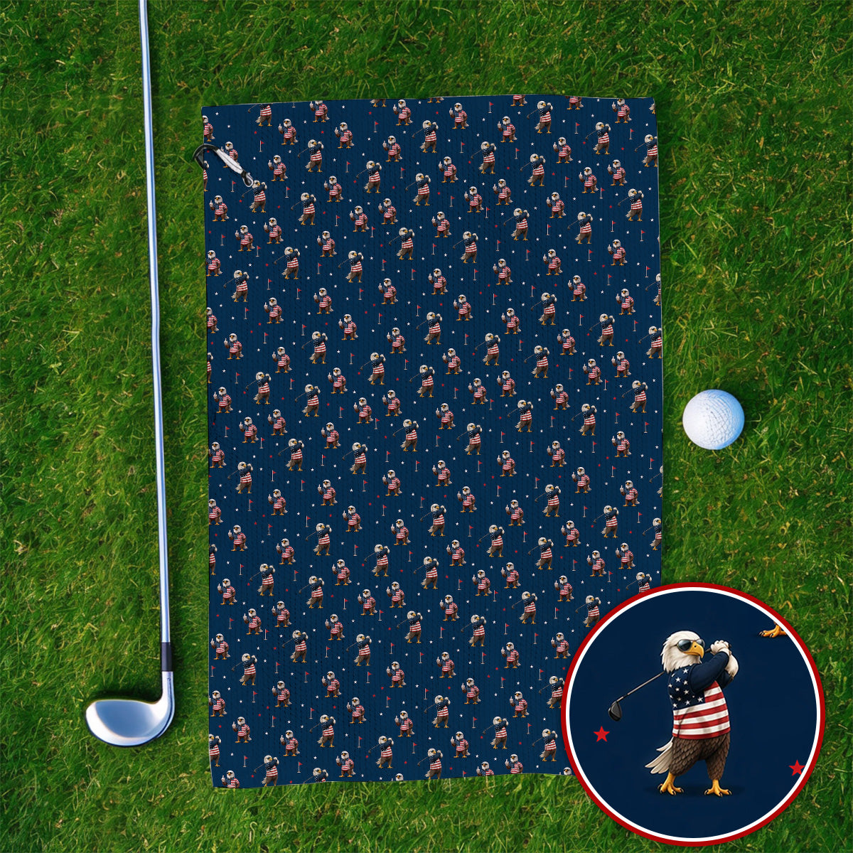 Patriotic Bald Eagle Golf Towels, American Flag Eagle Pattern Golf Towel, USA Golf Gift For Golfer