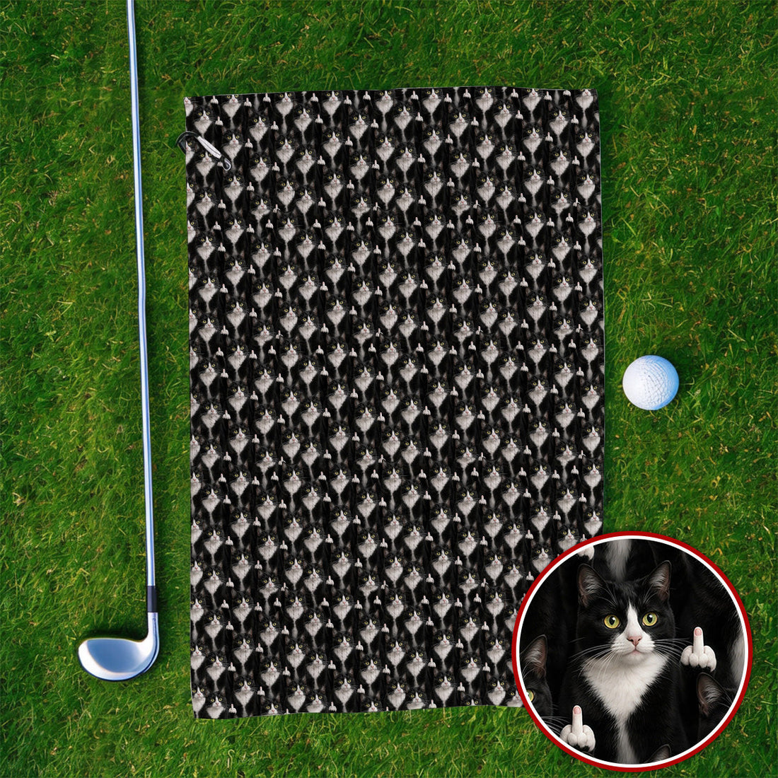 Funny Tuxedo Cat Golf Towels, Black White Cat Pattern Golf Towel, Crazy Cat Dad Golf Apparel