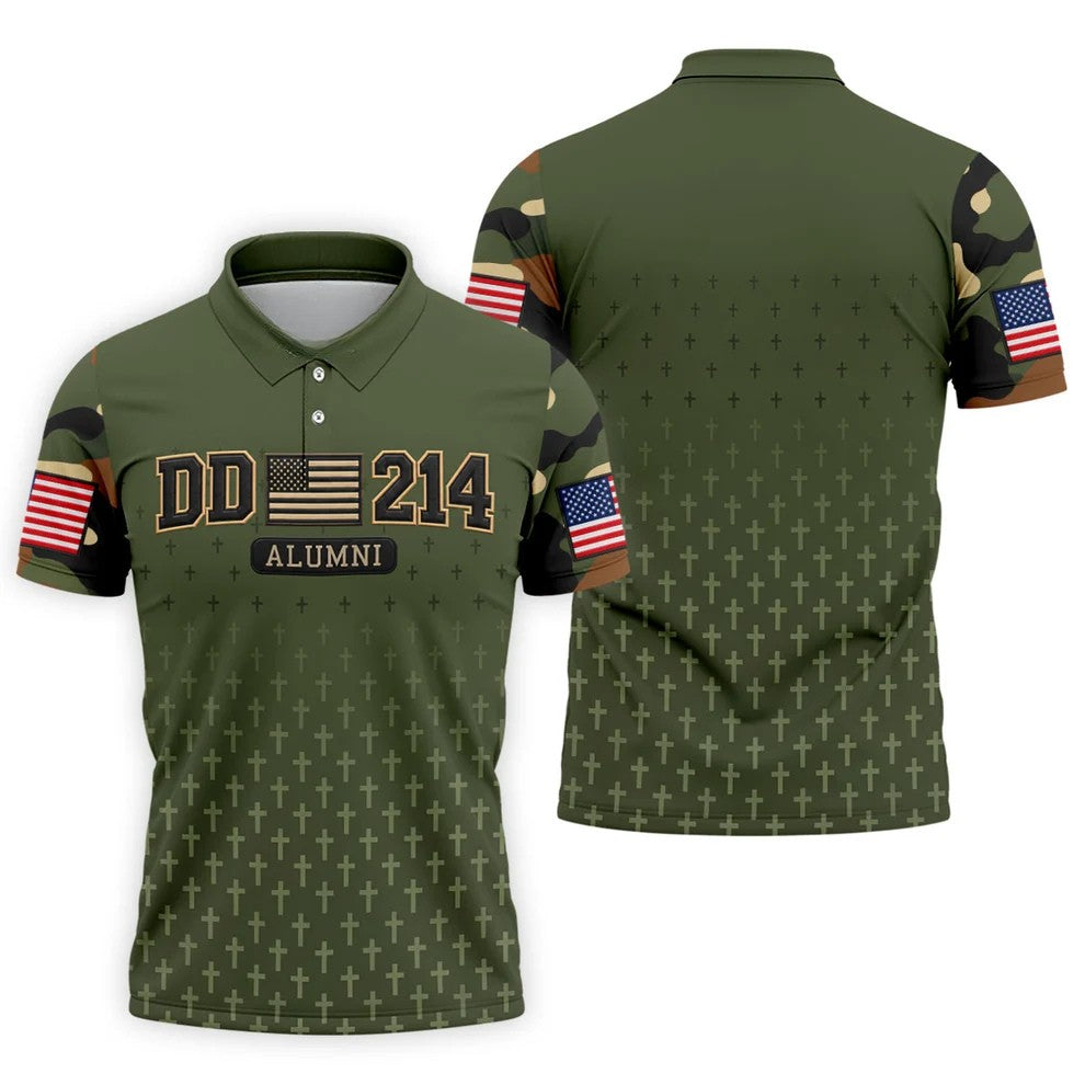 DD-214 Alumni Flag Cross Camo Polo Shirt, Veterans Day Shirt, Golf Shirts For Men