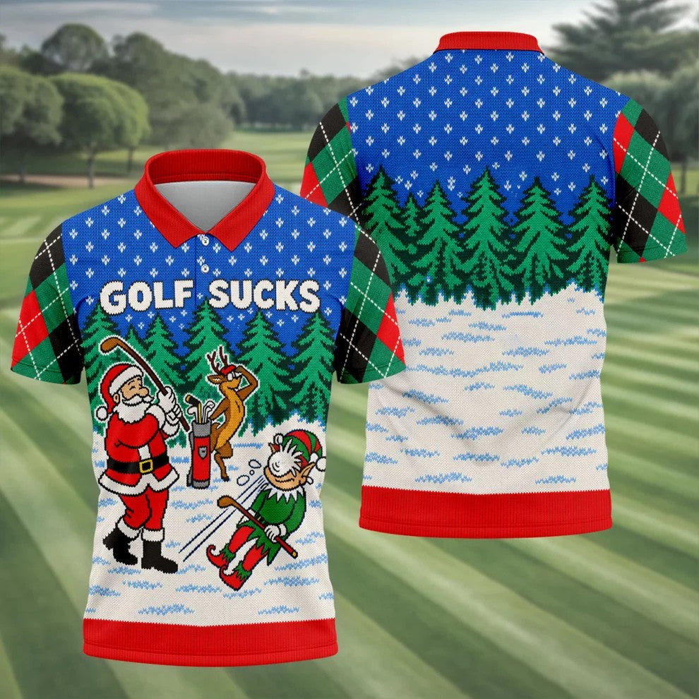 Golf Sucks Santa Christmas Golf Shirt, Mens Golf Shirts, Mens Holiday Golf Shirts