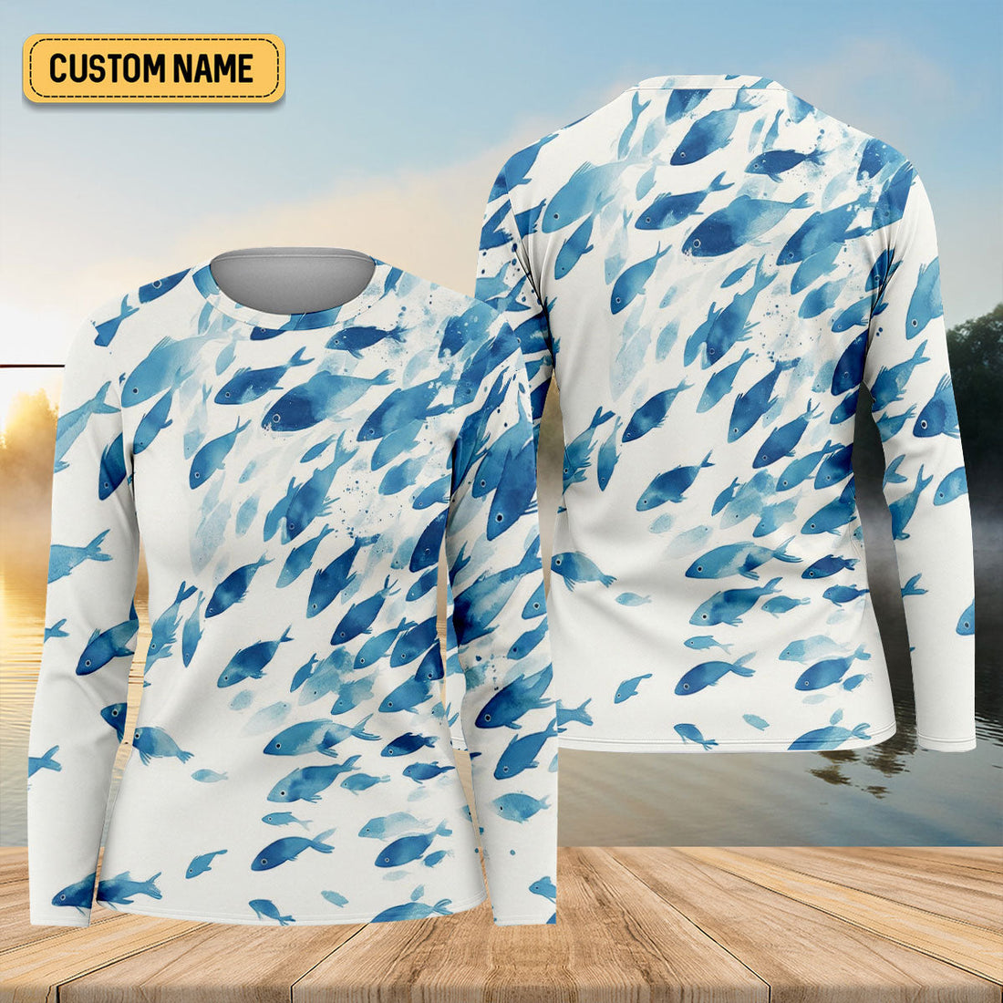 Flowing Fish White And Blue Fishing UPF Shirts, Minimal Watercolor Fishing Shirt For Women