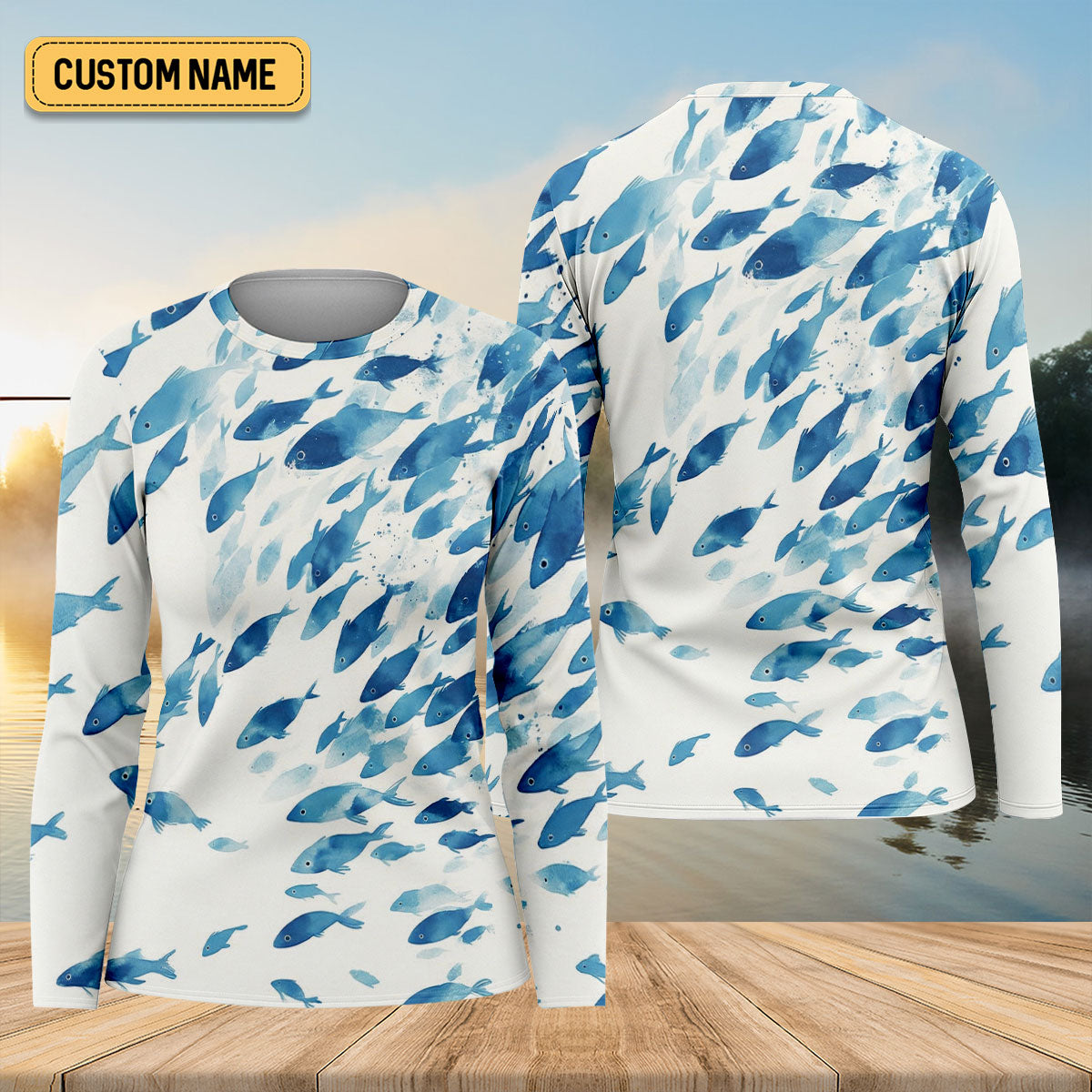 Flowing Fish White And Blue Fishing UPF Shirts, Minimal Watercolor Fishing Shirt For Women