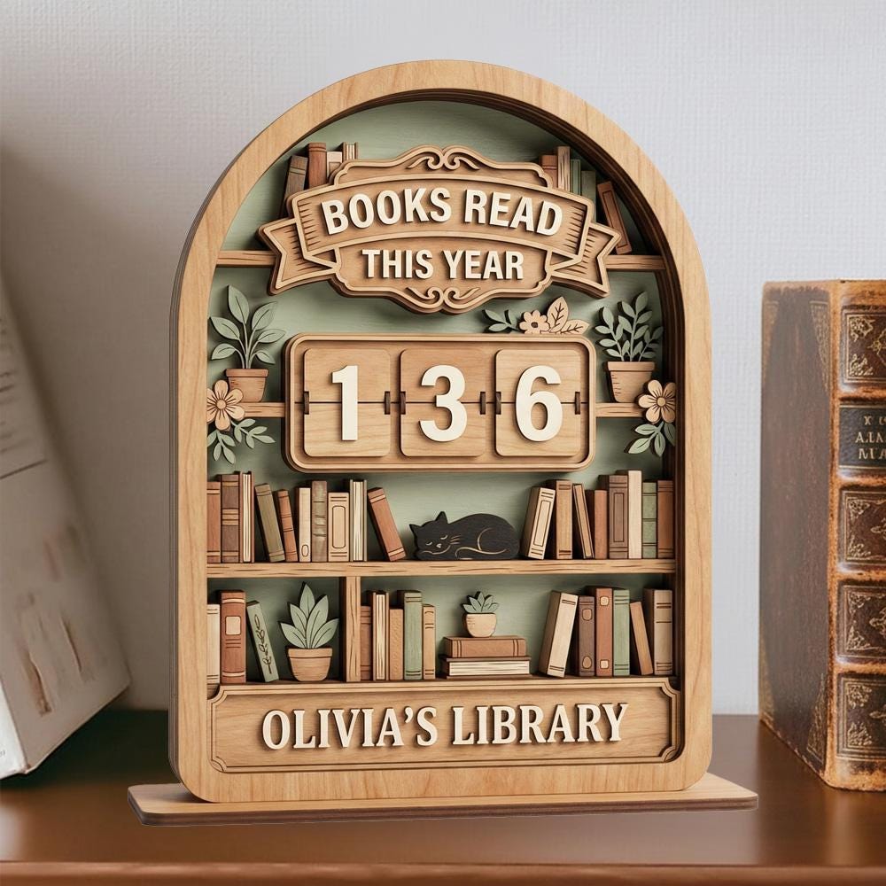 Personalized Wooden Book Tracker Sign, Books Read This Year Reading Counter, Custom Library Decor Gift for Book Lovers