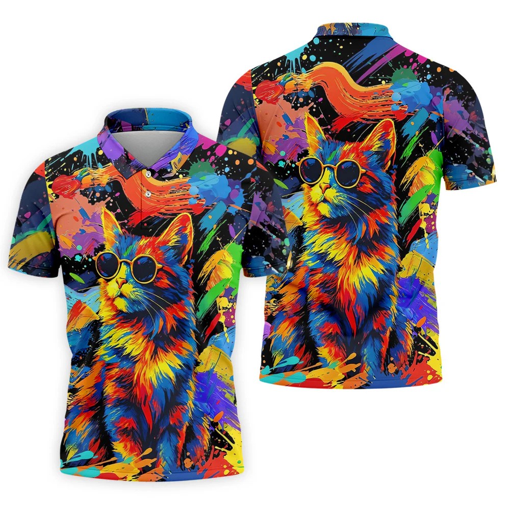 Colorful Cat Sunglasses Paint Splash Golf Shirt, Men's Golf Shirt, Golf Apparel For Men
