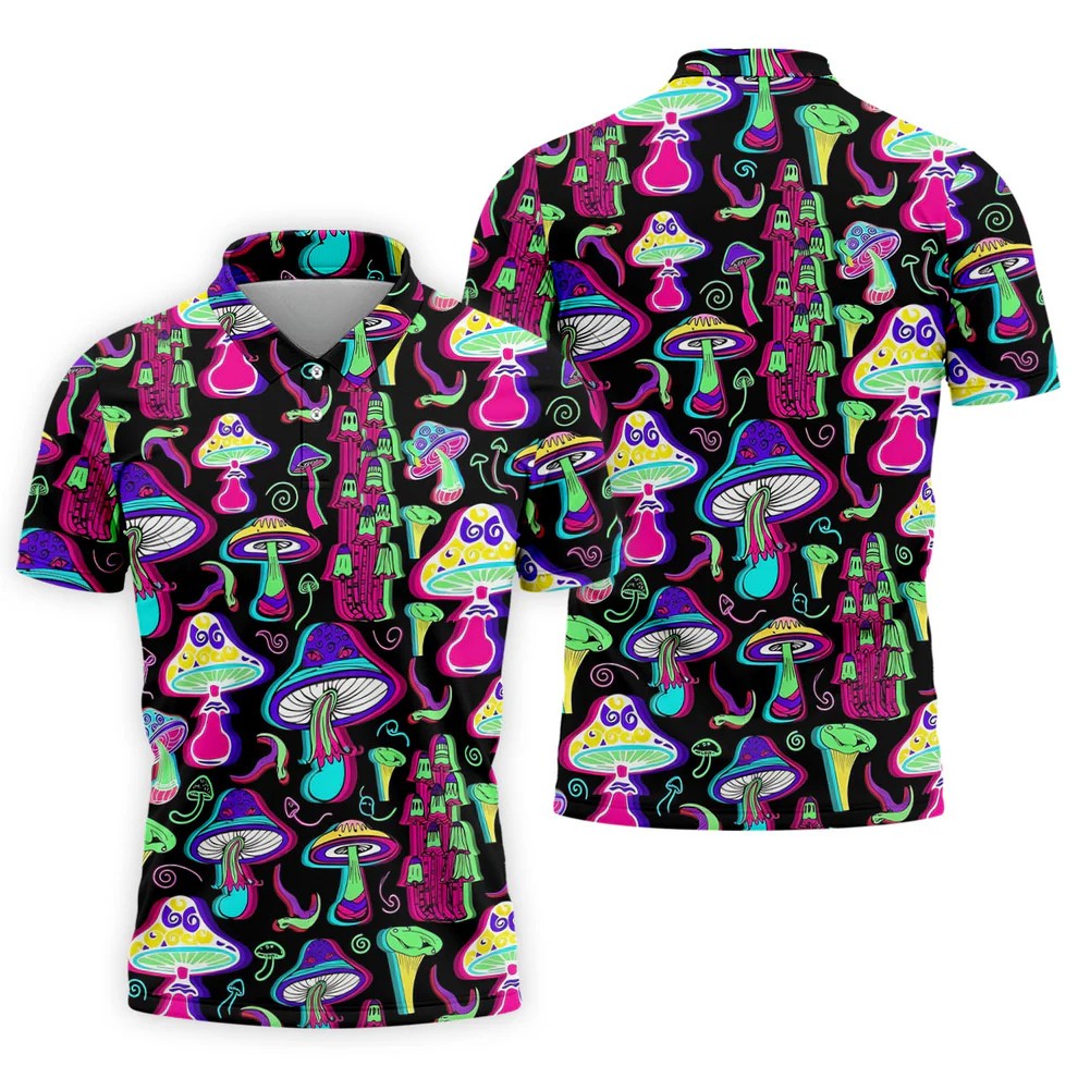Black Neon Mushroom Pattern Golf Shirt, Mens Golf Polo, Golf Apparel For Men, Printed Golf Shirts