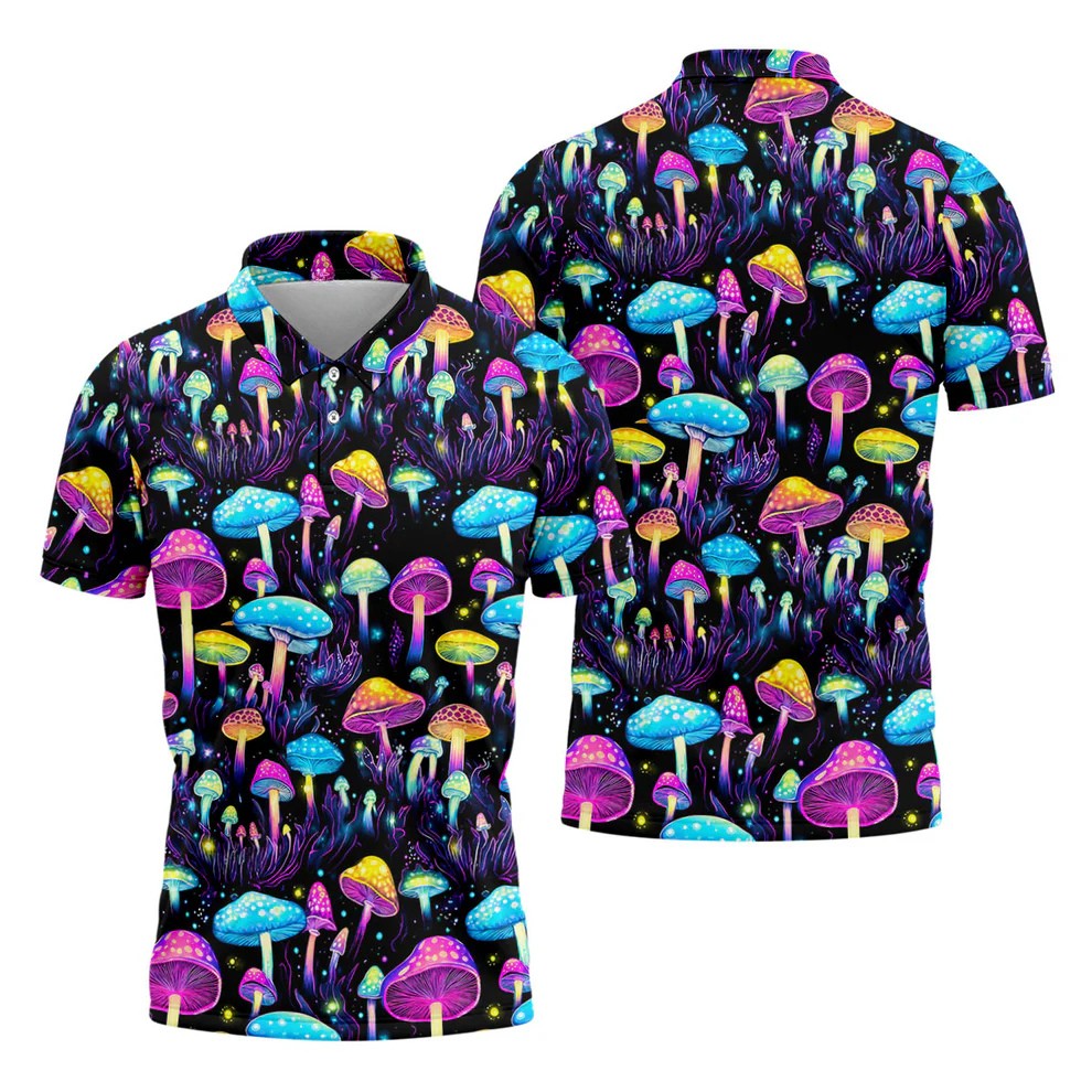 Colorful Neon Mushroom Fantasy Forest Golf Shirt, Mens Golf Polo, Golf Apparel For Men, Printed Golf Shirts