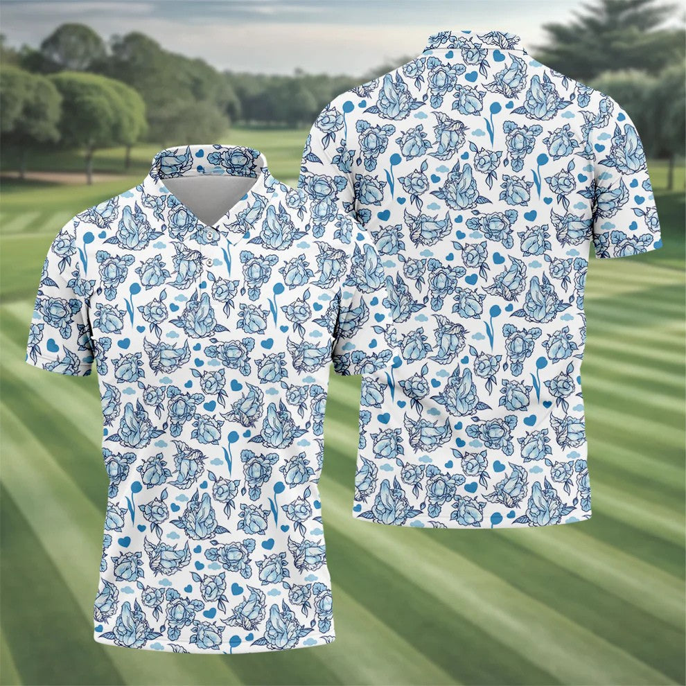 Blue Rose Floral Heart Pattern Golf Shirt, Polo Shirts For Men, Printed Golf Shirts