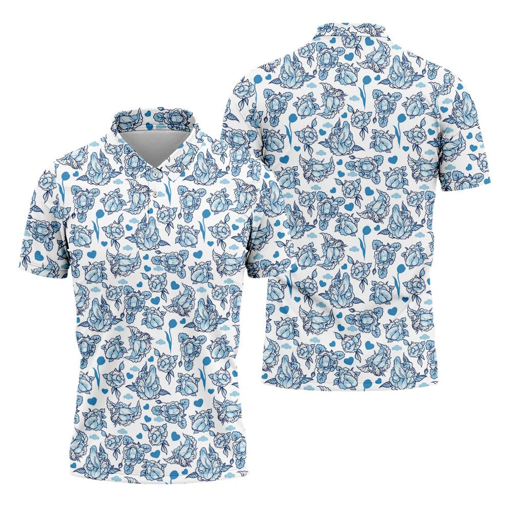 Blue Rose Floral Heart Pattern Golf Shirt, Polo Shirts For Men, Printed Golf Shirts