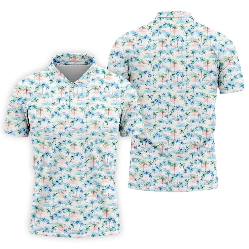 Watercolor Palm Tree Hawaiian Golf Shirt, Summer Vibe Men's Golf Shirt, Polo Shirts For Men