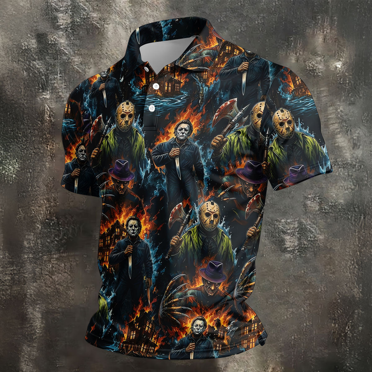 Horror Character Fire Collage Halloween Polo Shirt, Mens Golf Shirts, Mens Polo Shirts