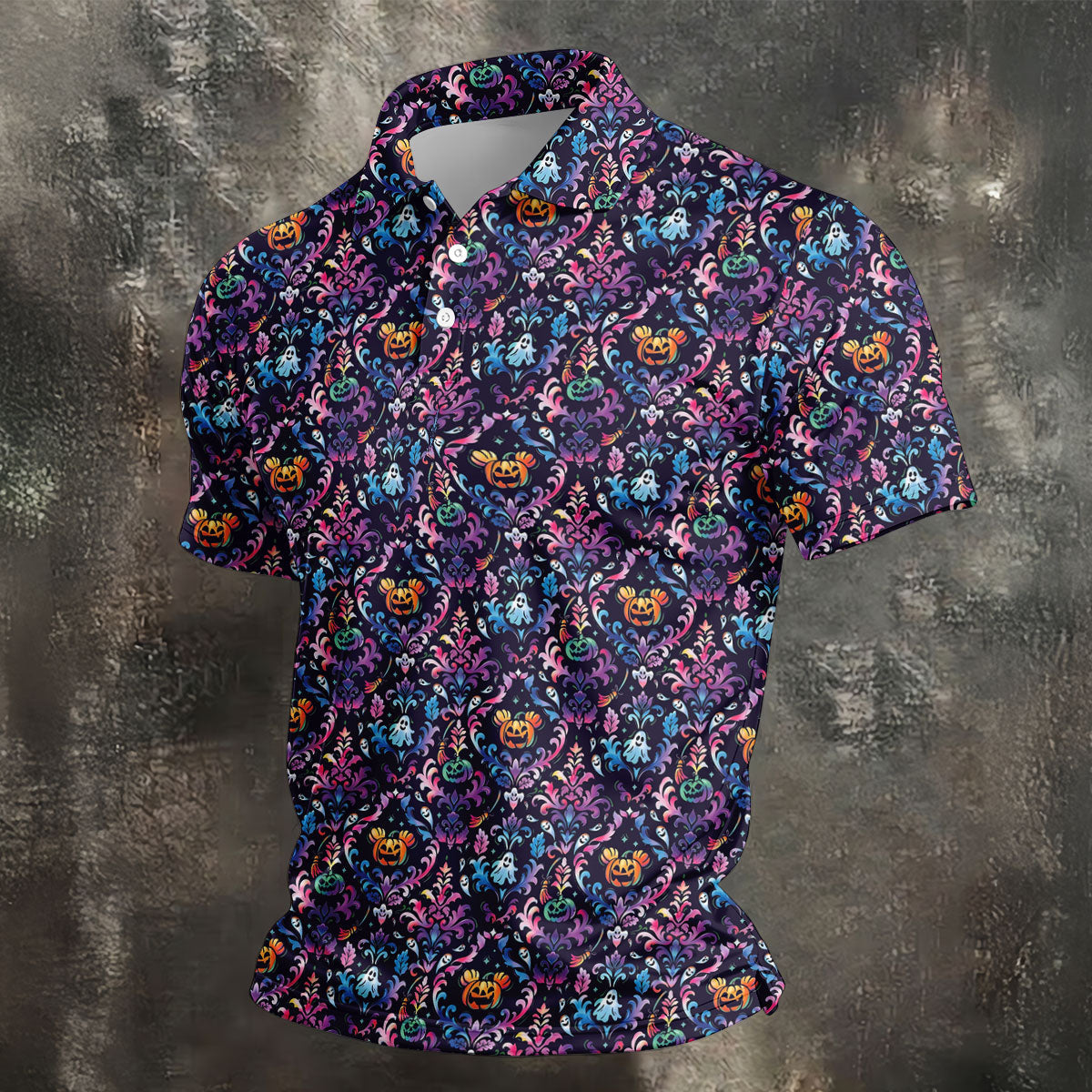 Colorful Ghost Pumpkin Floral Halloween Polo Shirt, Mens Golf Polo, Printed Golf Shirts