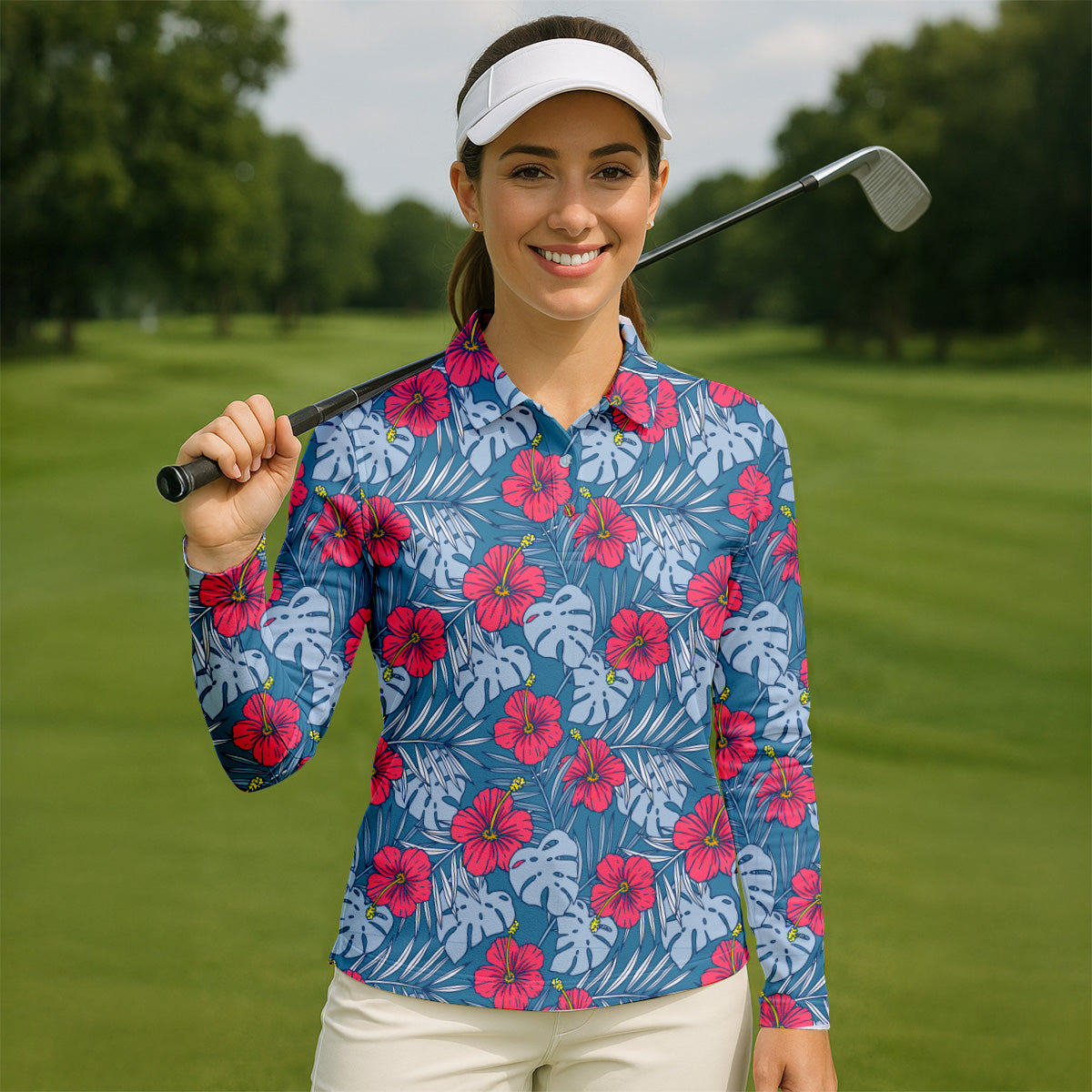Hibiscus Flower And Leaf Patterned Golf Shirts, Womens Golf Polo Shirt Tropical Golf Shirts