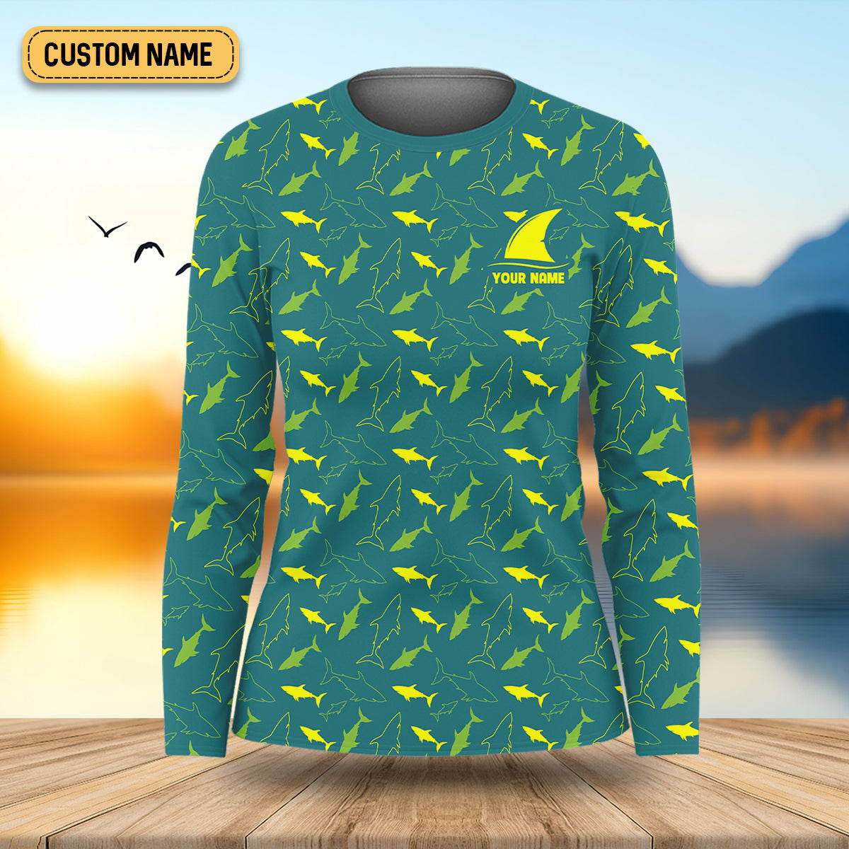 Green And Yellow Shark Pattern Performance Fishing Shirts, Women SPF Shirt, Female Fishing Shirts