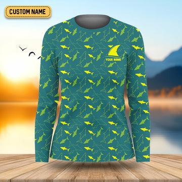 Green And Yellow Shark Pattern Performance Fishing Shirts, Women SPF Shirt, Female Fishing Shirts