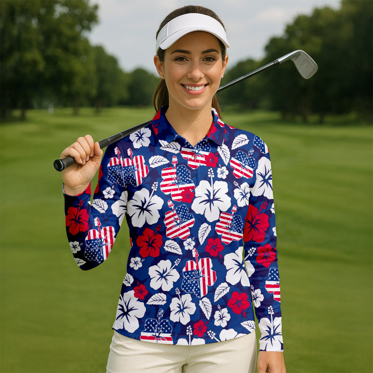 Tropical Hibiscus American Flag Womens Golf Polo Shirt4th Of July Shirts, US 250 Anniversary Ladies Golf Shirt