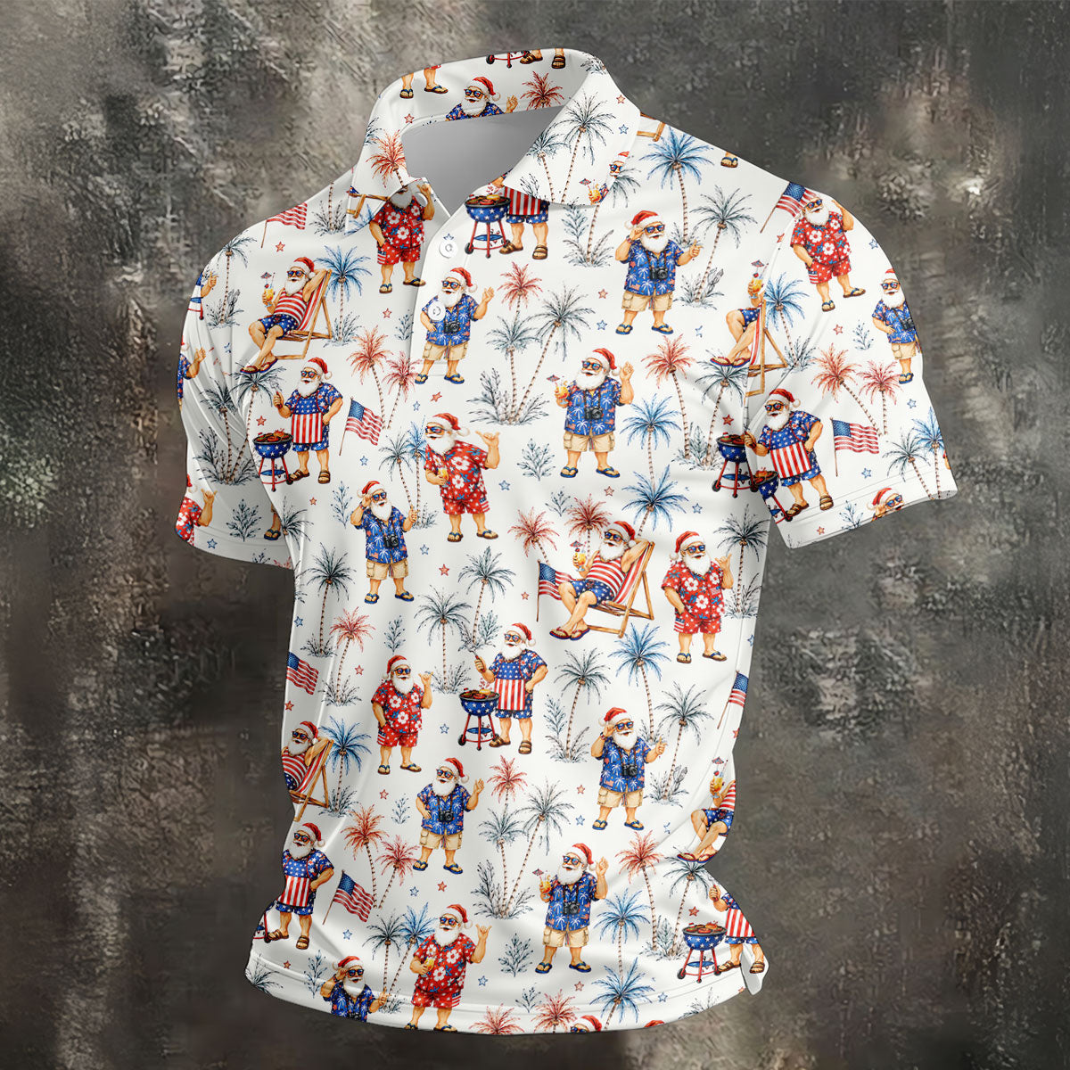 Patriotic Santa Tropical Christmas Polo Shirt, Mens Golf Polo, Hawaiian Golf Shirt
