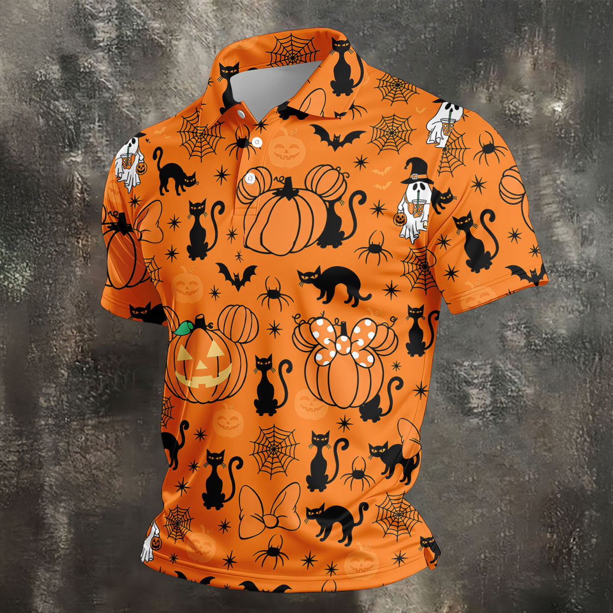 Black Cat and Pumpkin Halloween Polo Shirt, Golf Polo Apparel, Mens Golf Outfit