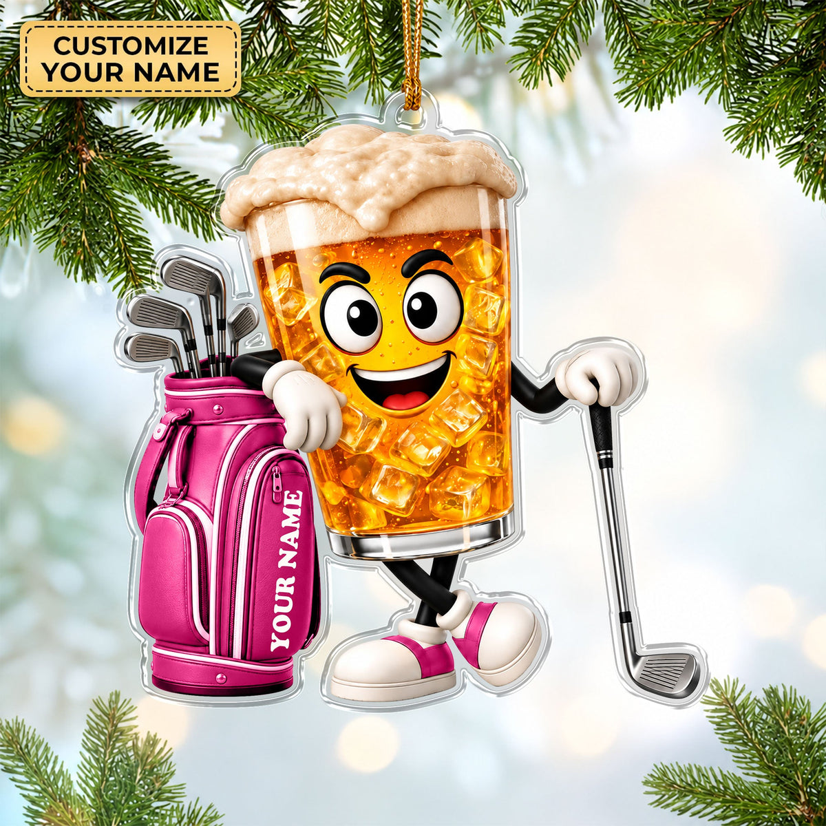 Custom Name Beer Glass Golf Acrylic Ornament, Golf Lover Gifts, Christmas Ornaments
