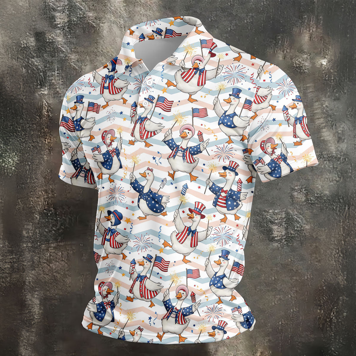 Patriotic Duck American Flag Fireworks Polo Shirt, Mens Golf Polo, Golf Shirts For Men