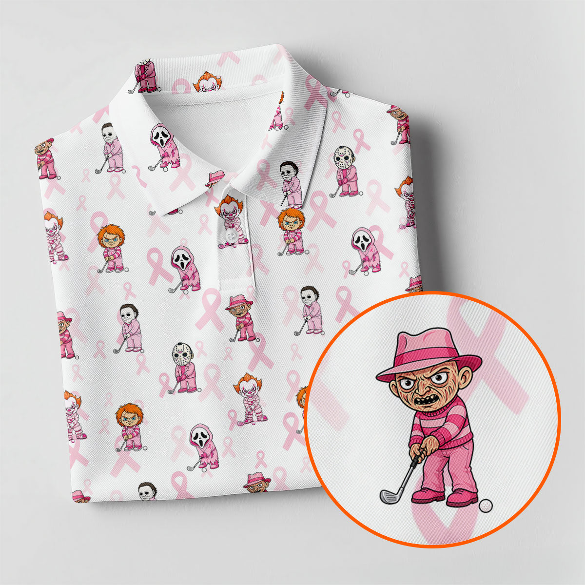 Breast Cancer Chibi Horror Character Polo Shirt, Mens Golf Shirts, Golf Apparel For Men
