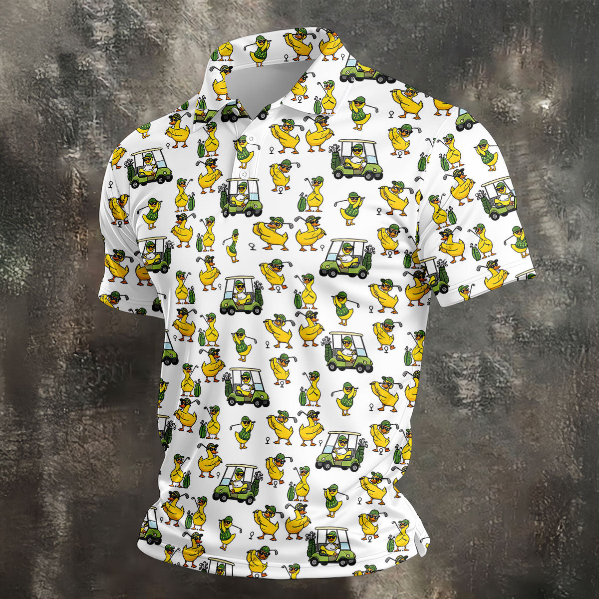 Funny Golfing Duck And Golf Cart Pattern Polo Shirt, Mens Golf Polo, Golf Shirts For Men