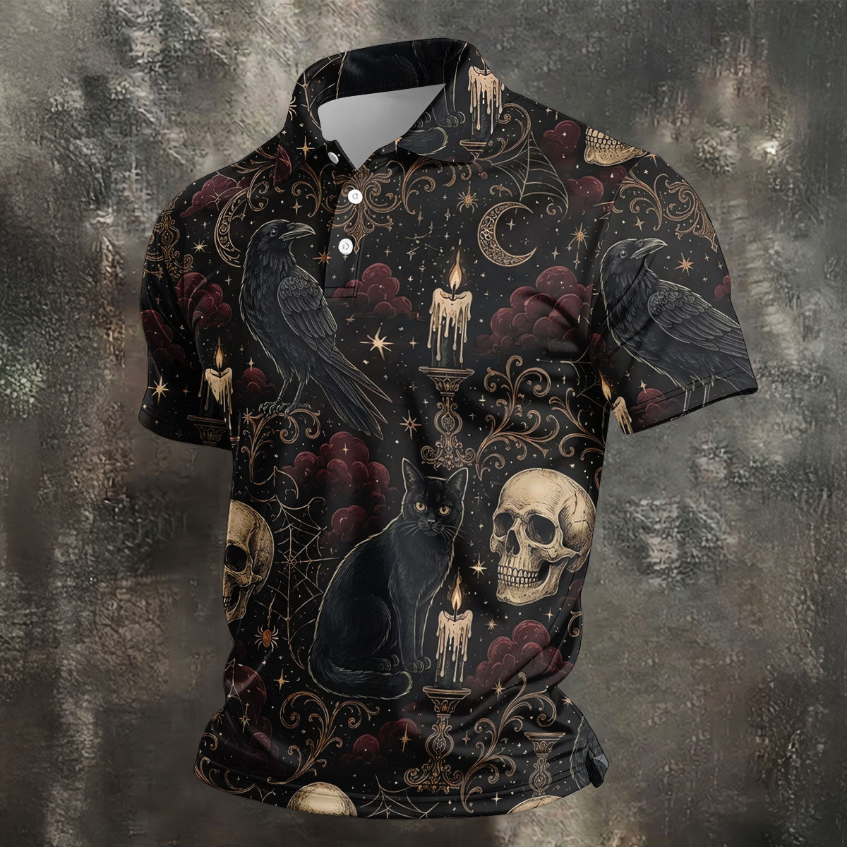 Gothic Raven Black Cat Skull Halloween Polo Shirt, Golf Shirts For Men, Mens Golf Apparel