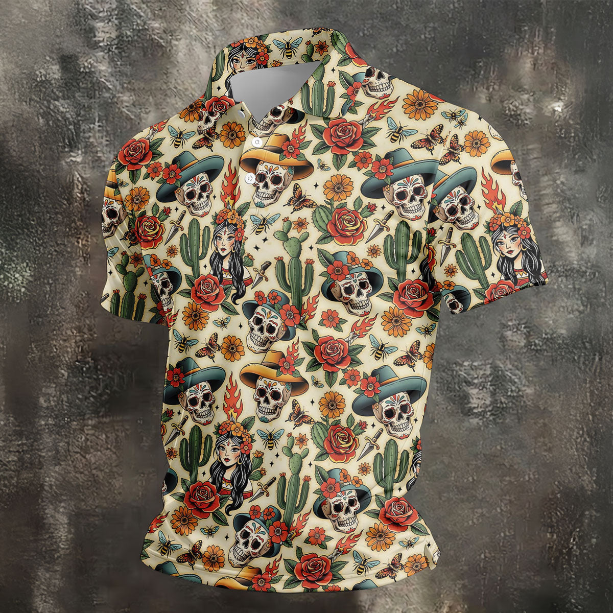 Day Of The Dead Sugar Skull Floral Polo Shirt, Mens Golf Polo, Hawaiian Golf Shirt