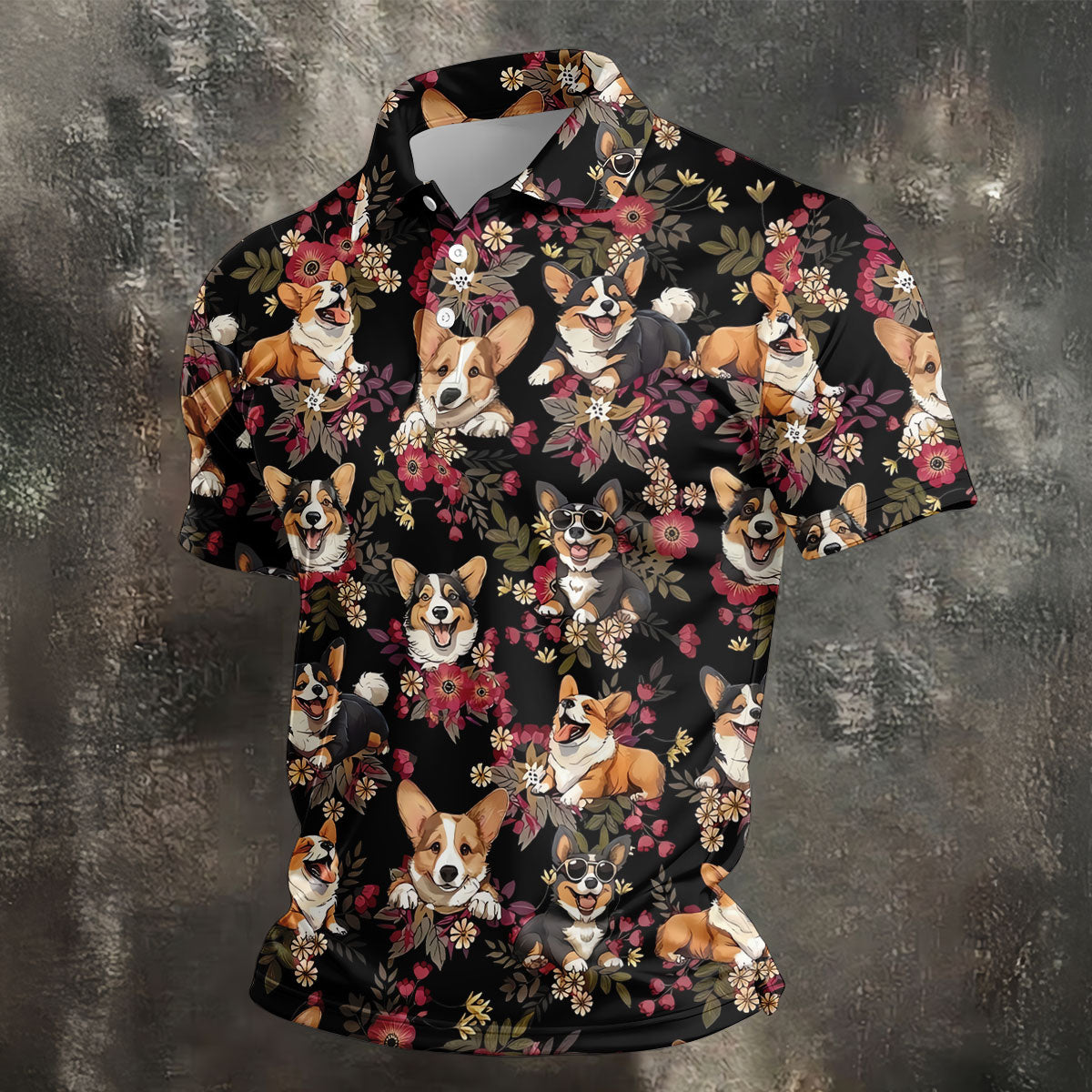 Cute Corgi Floral Hawaiian Pattern Polo Shirt, Mens Golf Polo, Funny Golf Shirt