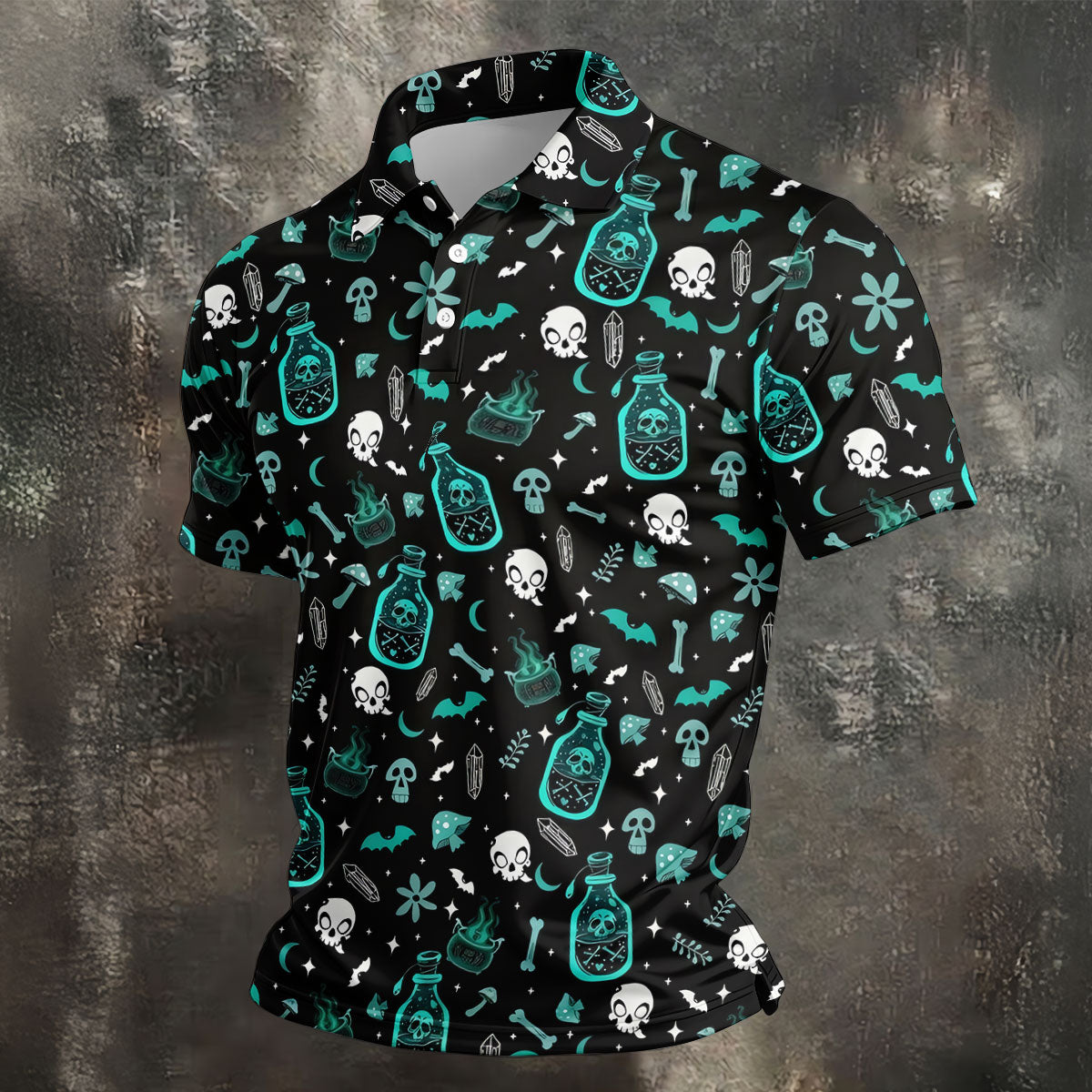 Skull Potion Halloween Pattern Polo Shirt, Printed Golf Shirts, Golf Apparel For Men