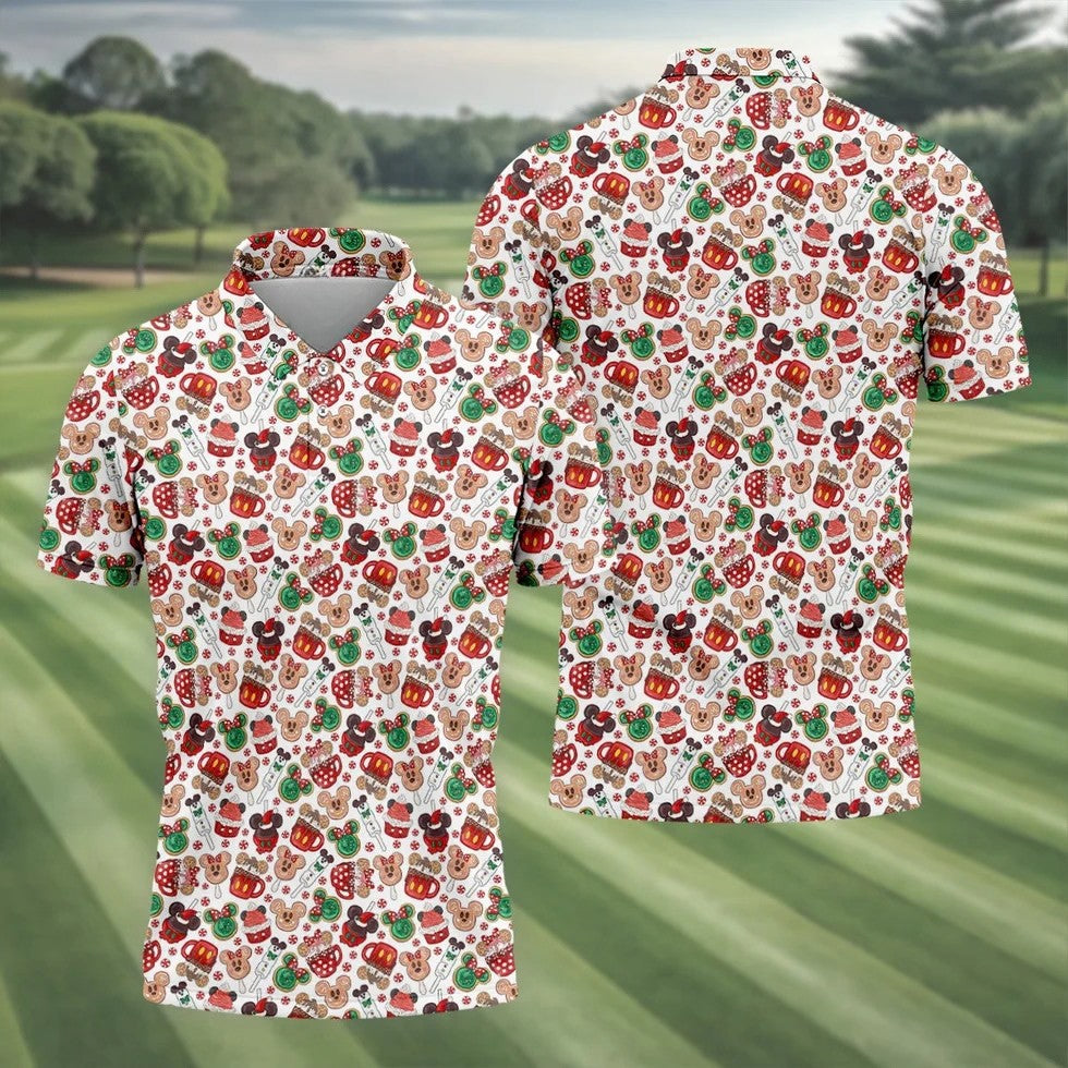 Cute Christmas Dessert Pattern Golf Tops For Men, Cartoon Character Polo Shirts For Men, Christmas Golf Shirt