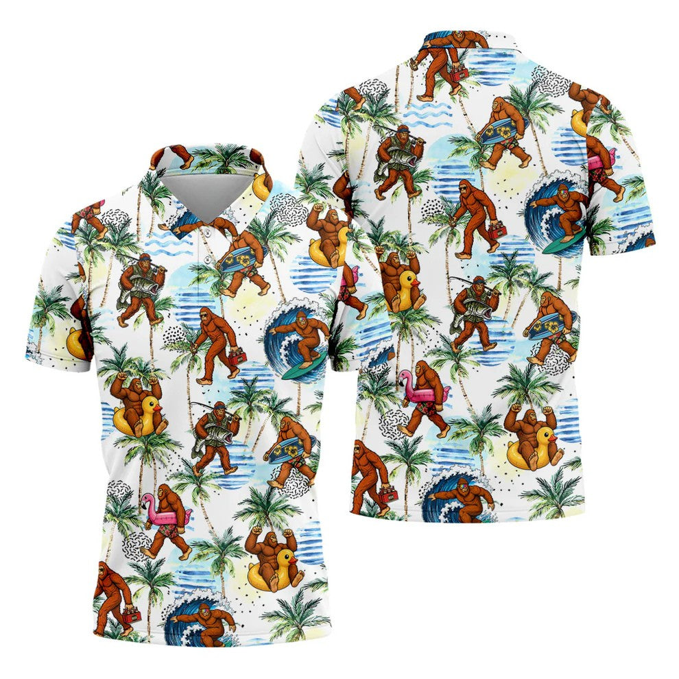 Tropical Bigfoot Surfing Fishing Beach Golf Shirt, Hawaiian Golf Shirt, Golf Apparel For Men, Mens Golf Shirts