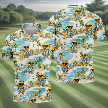 Cute Funny Duck Hawaiian Golf Shirt, Beach Theme Men's Golf Shirt, Polo Shirts For Men