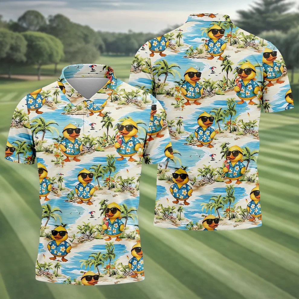 Cute Funny Duck Hawaiian Golf Shirt, Beach Theme Men's Golf Shirt, Polo Shirts For Men