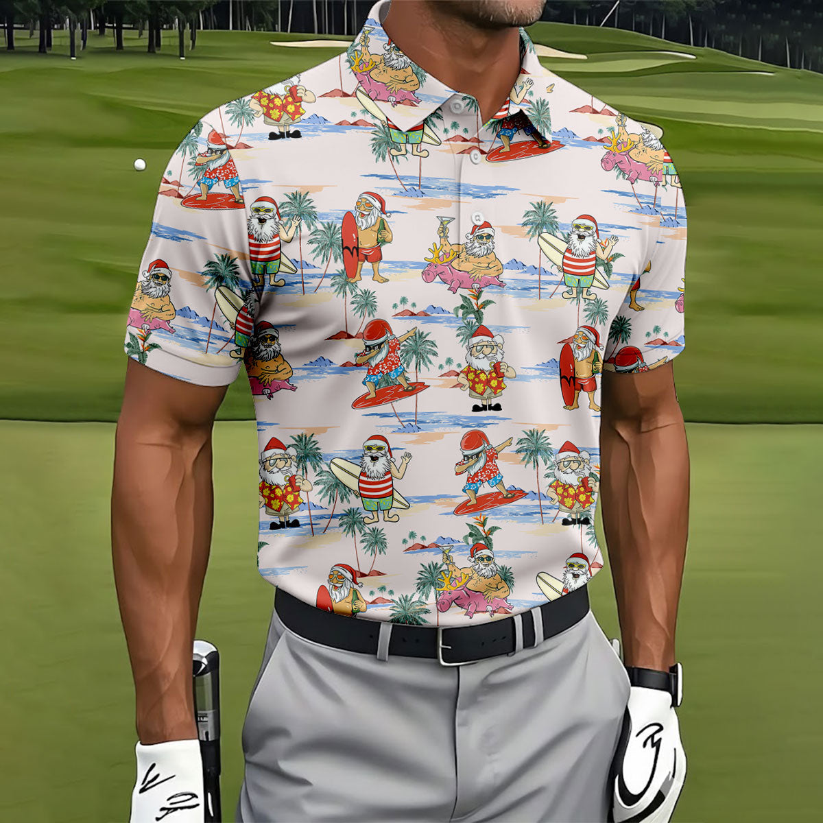 Funny Tropical Santa Christmas Golf Shirt, Men's Golf Shirt, Hawaiian Golf Shirt, Printed Golf Shirts
