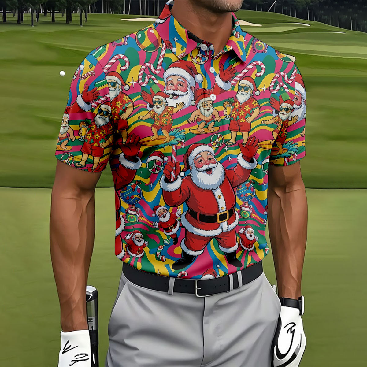 Funny Tropical Santa Christmas Polo Shirt, Mens Golf Polo, Christmas Shirts For Men