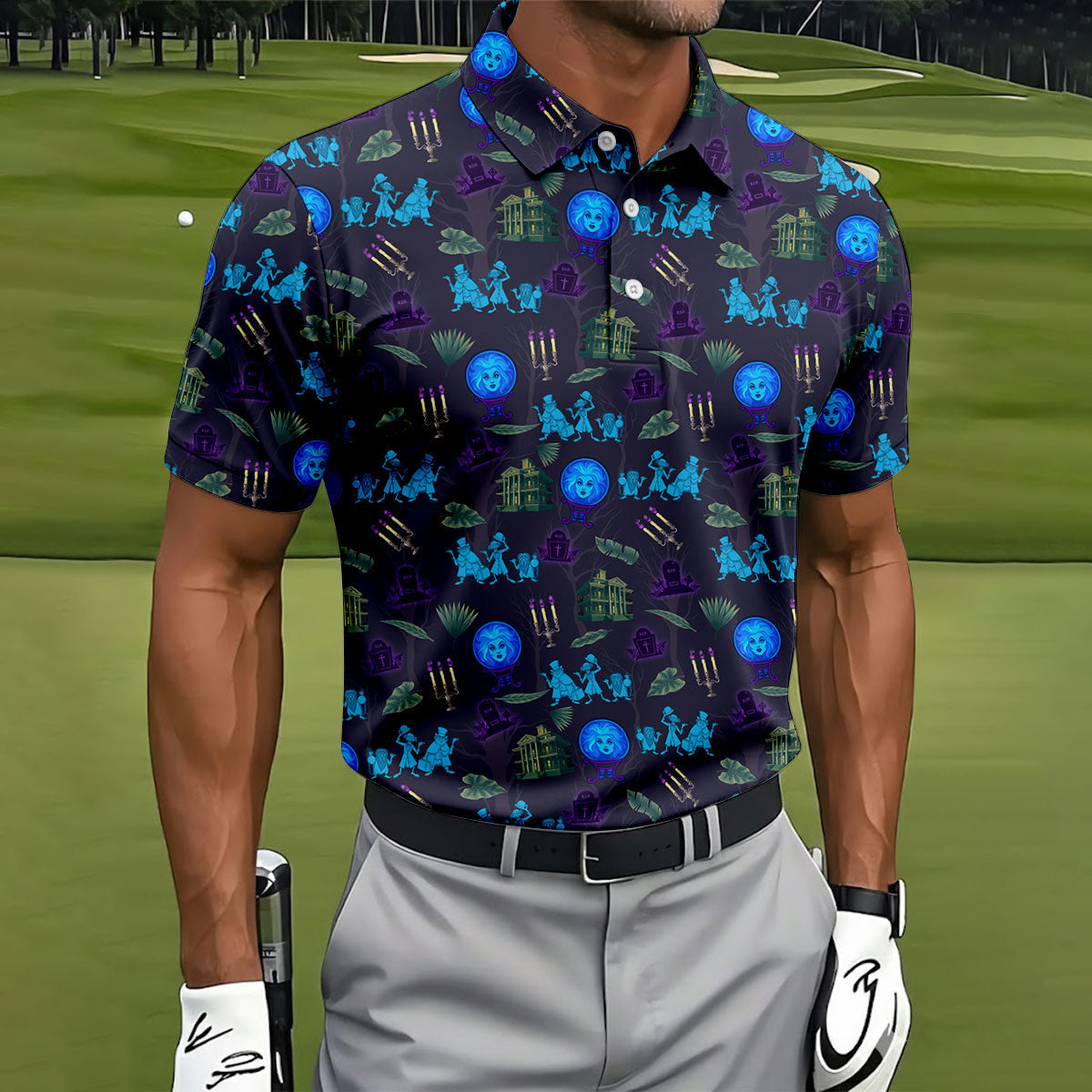 Crystal Ball Ghost Trio Halloween Polo Shirt, Golf Shirts For Men, Mens Golf Apparel