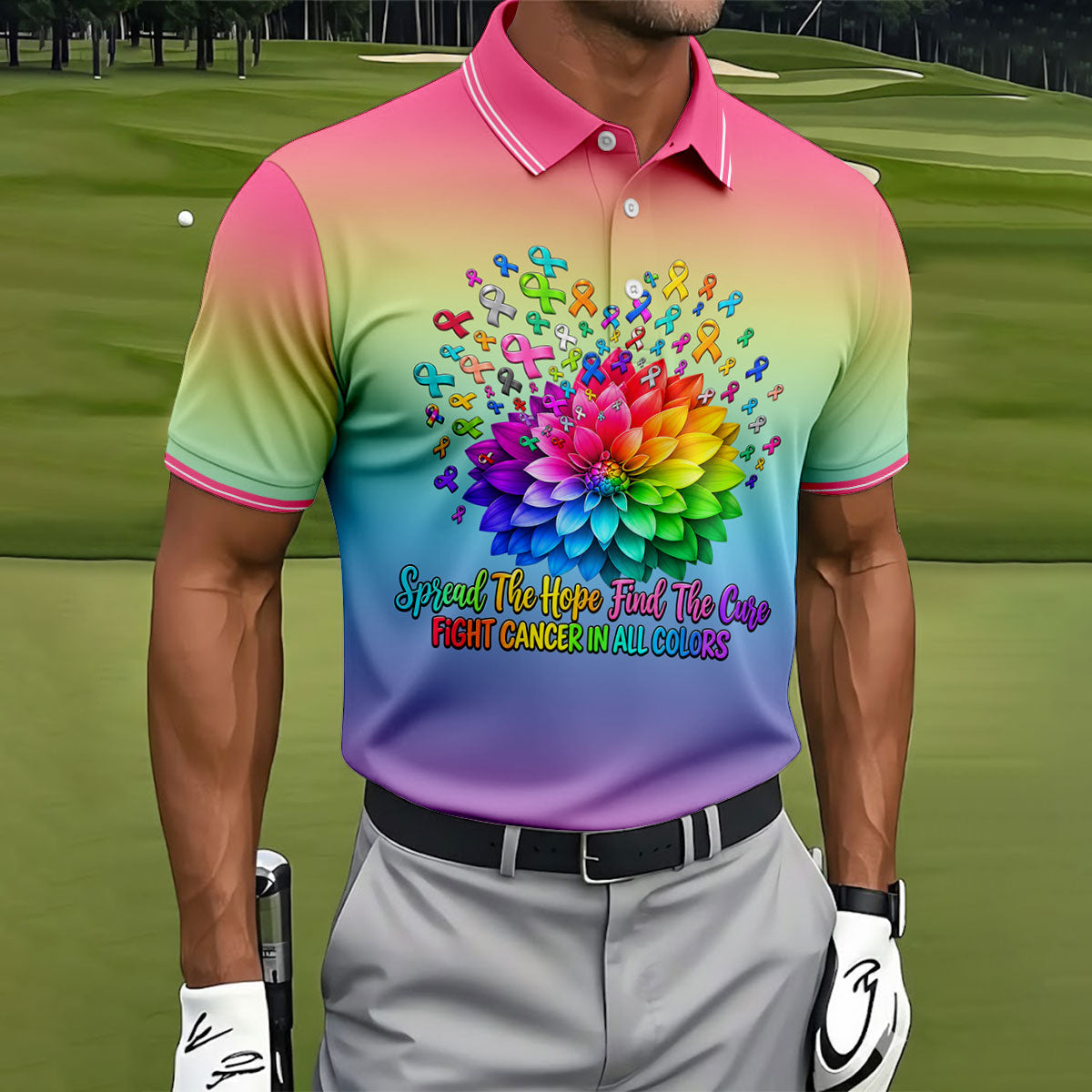 Spread Hope Find The Cure Rainbow Cancer Polo Shirt, Golf Shirts For Men, Mens Golf Shirts