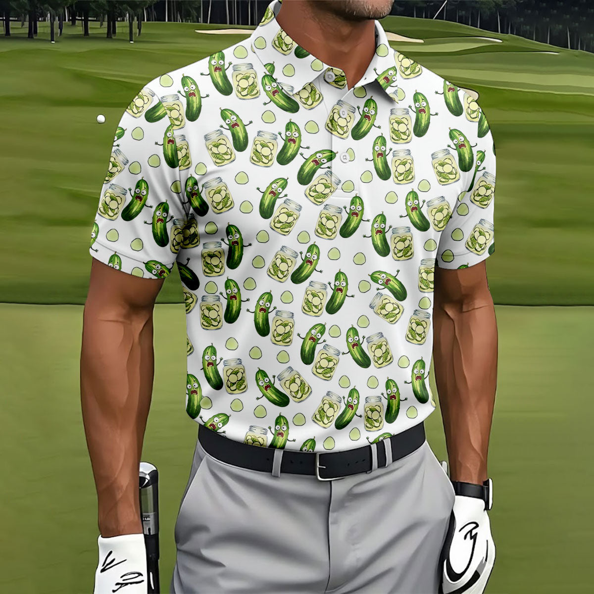 Funny Pickle Hawaiian Golf Shirt, Cartoon Style Men's Golf Shirt, Polo Shirts For Men