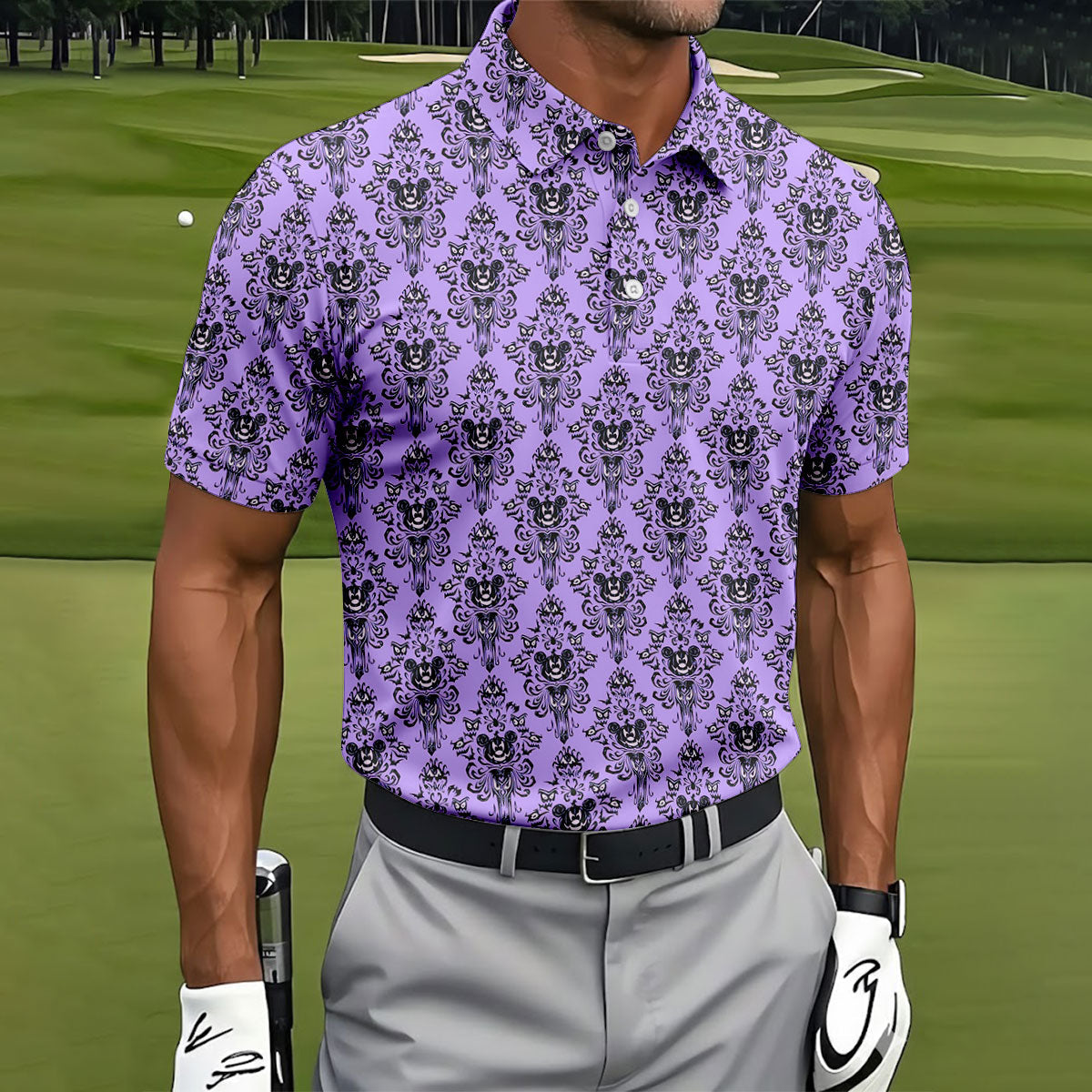 Purple Demon Face And Bat Halloween Polo Shirt, Golf Shirts For Men, Mens Golf Apparel